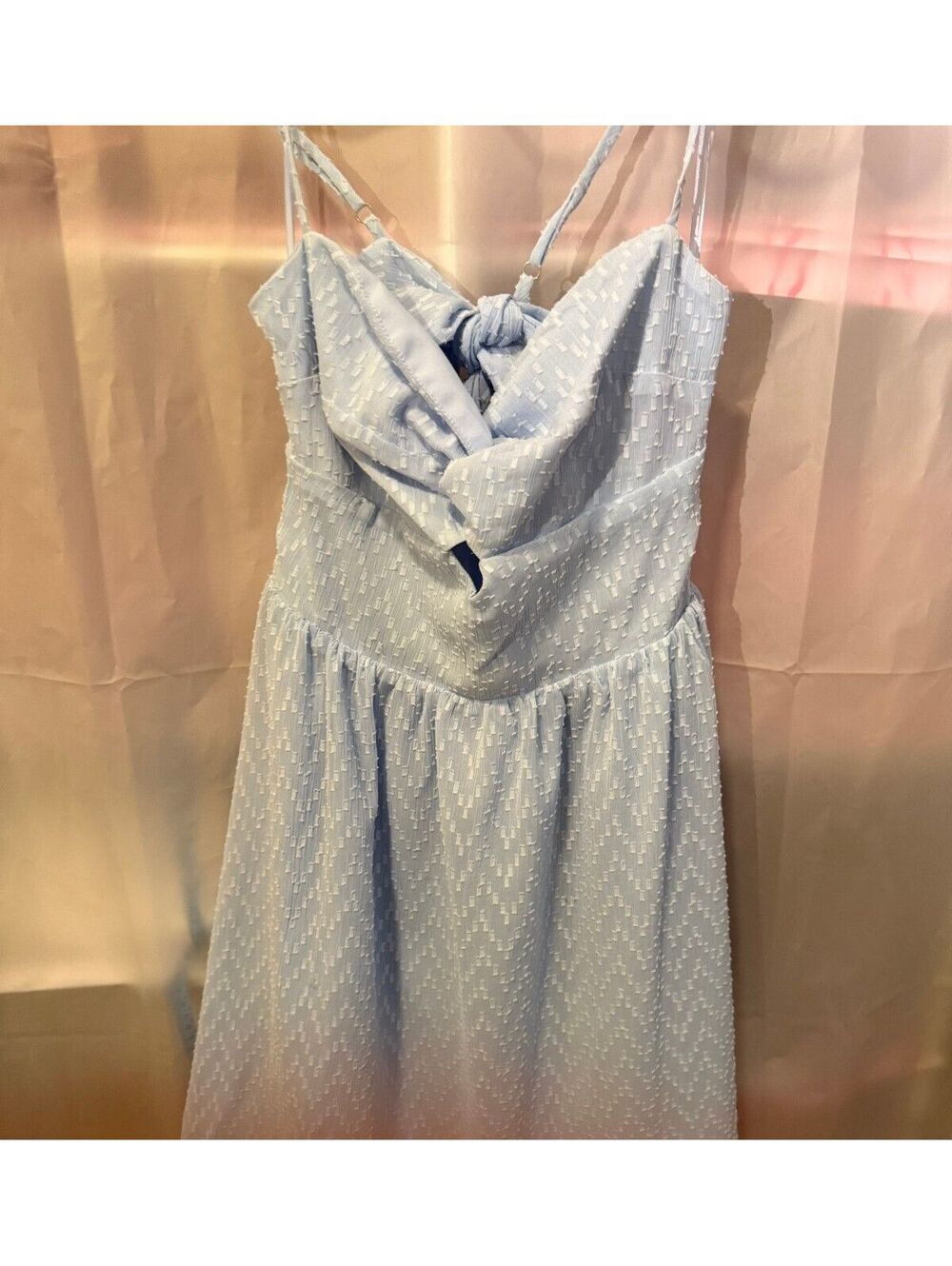 B. right Light Blue Textured Spaghetti Strap Dress with Bow Detail, Size Small